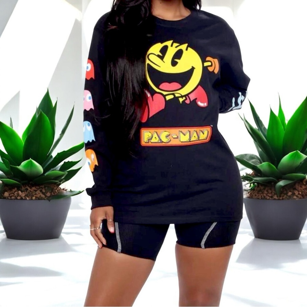 Pac-Man Black Long Sleeve Tee Shirt with Kanji - Picture 4 of 16